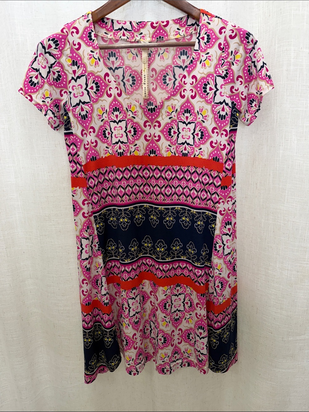 Uncle Frank Pink Patterned Short Sleeve Shift Dress Size X-Small
